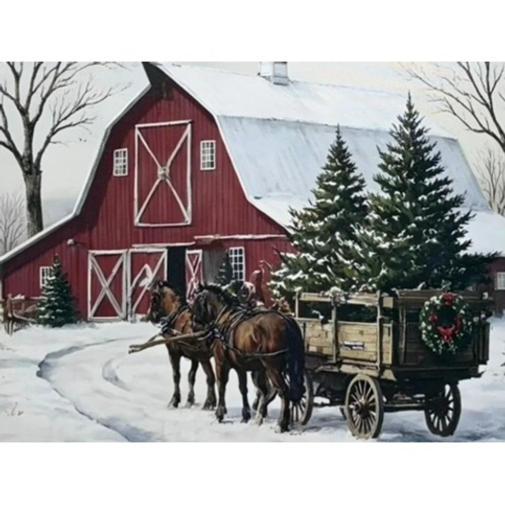 Rustic X-Mas Tree Farm Canvas Wall Art Red Barn Winter Decor 24x16 Wood Frame